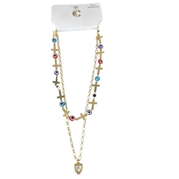 Charming Charlie Gold Tone Hypoallergenic Necklace With Multicolor Beads & Cross - Picture 2 of 5